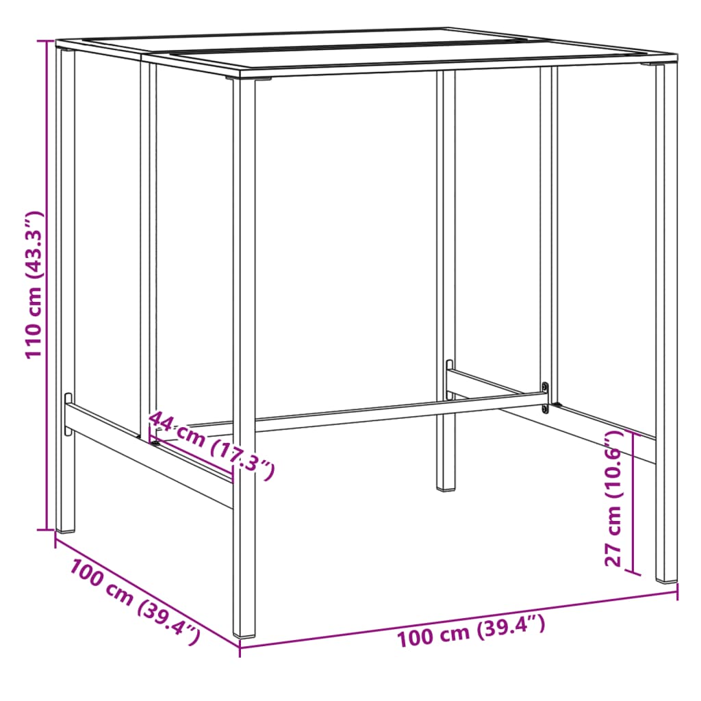 vidaXL barbord 100x100x110 cm pulverlakeret stål sort