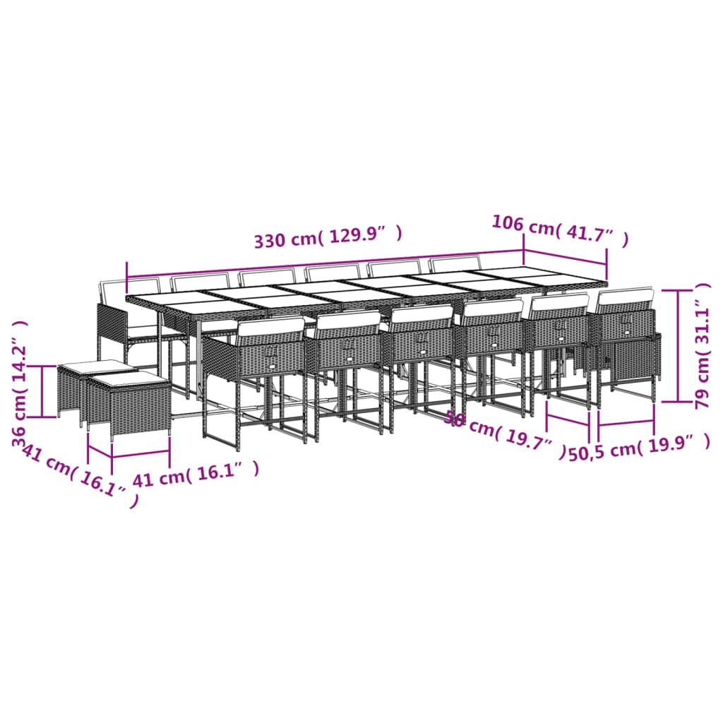 vidaXL spisebordssæt til haven 17 dele med hynder polyrattan lysegrå