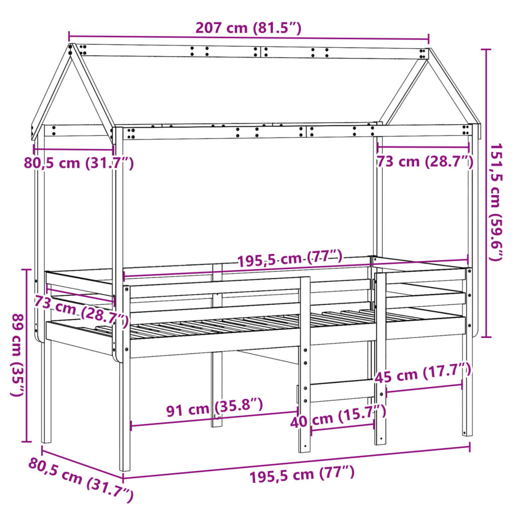 vidaXL højseng med tag 75x190 cm massivt fyrretræ