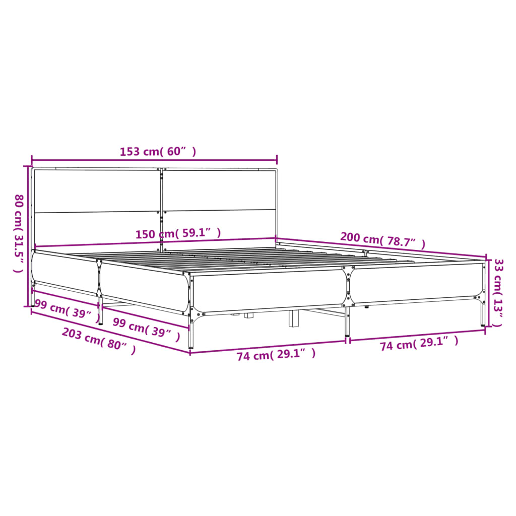 vidaXL sengestel 150x200cm konstrueret træ og metal røget egetræsfarve