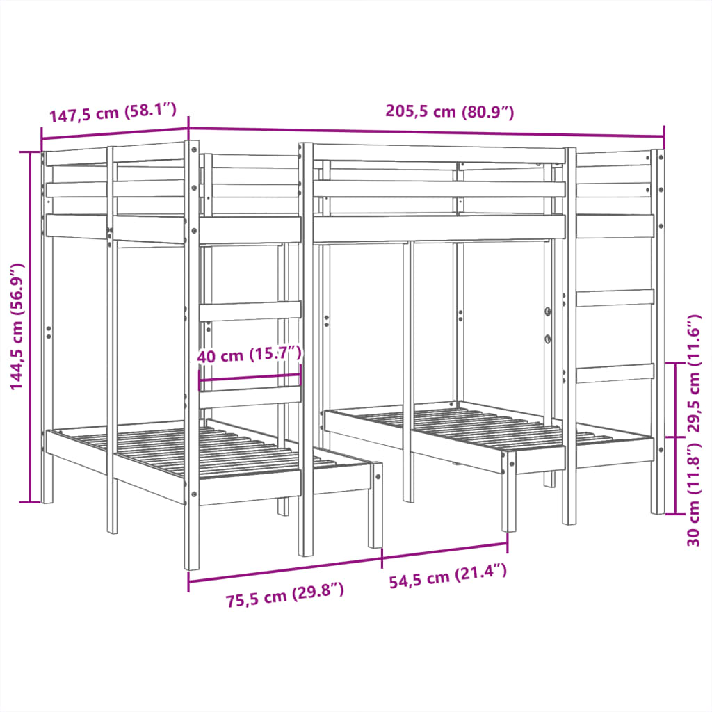 vidaXL tredobbelt køjeseng 140x200/70x140 cm massivt fyrretræ hvid