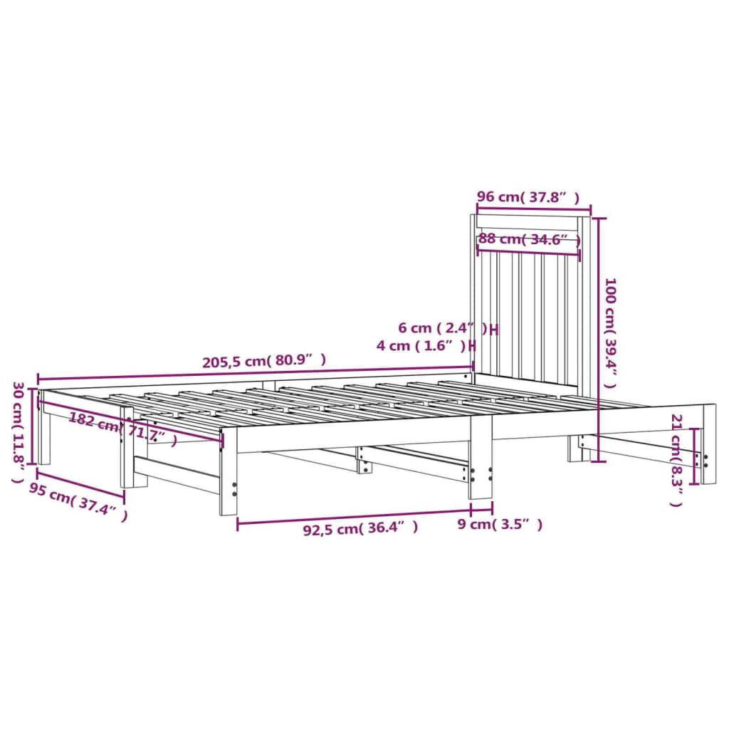 vidaXL daybed med udtræk 2x(90x200) cm massivt fyrretræ sort