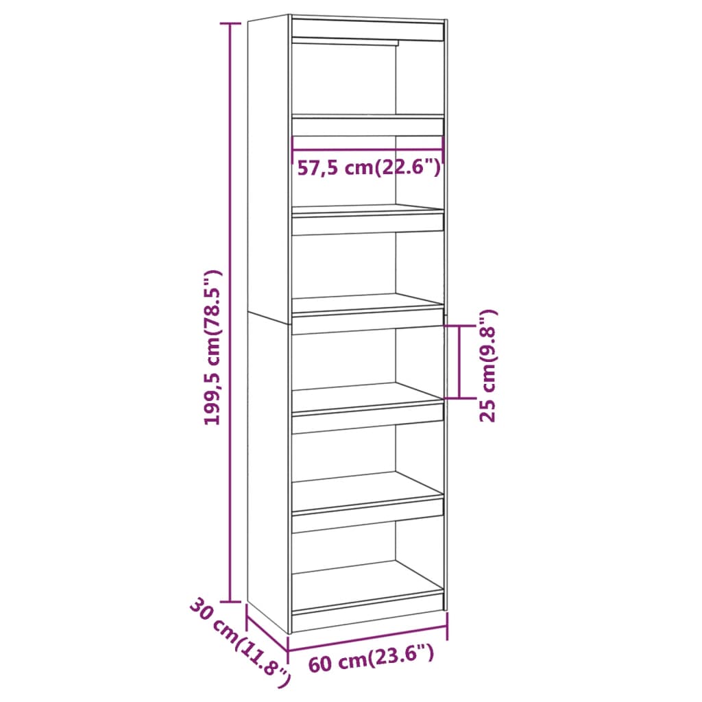 vidaXL bogreol/rumdeler 60x30x199,5 cm massivt fyrretræ