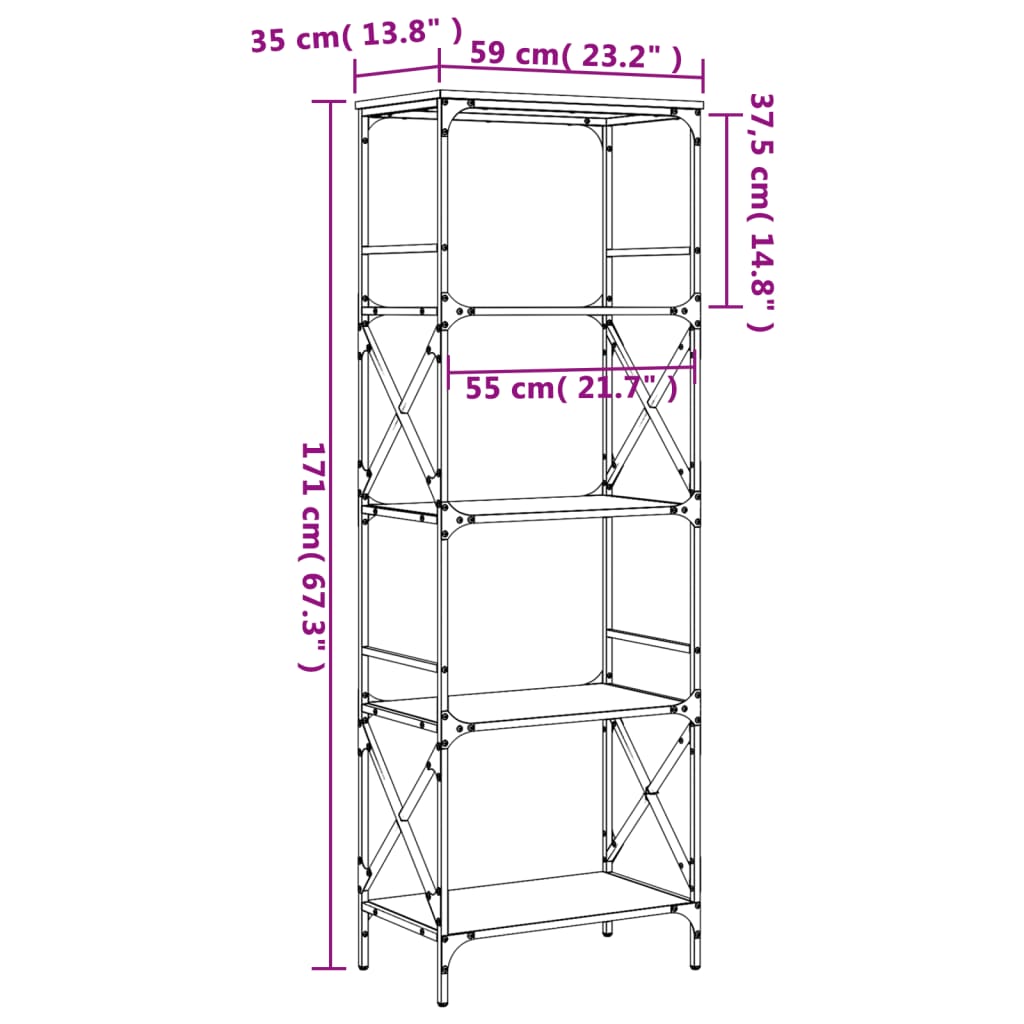 vidaXL bogreol med 5 hylder 59x35x171 cm konstrueret træ brunt eg