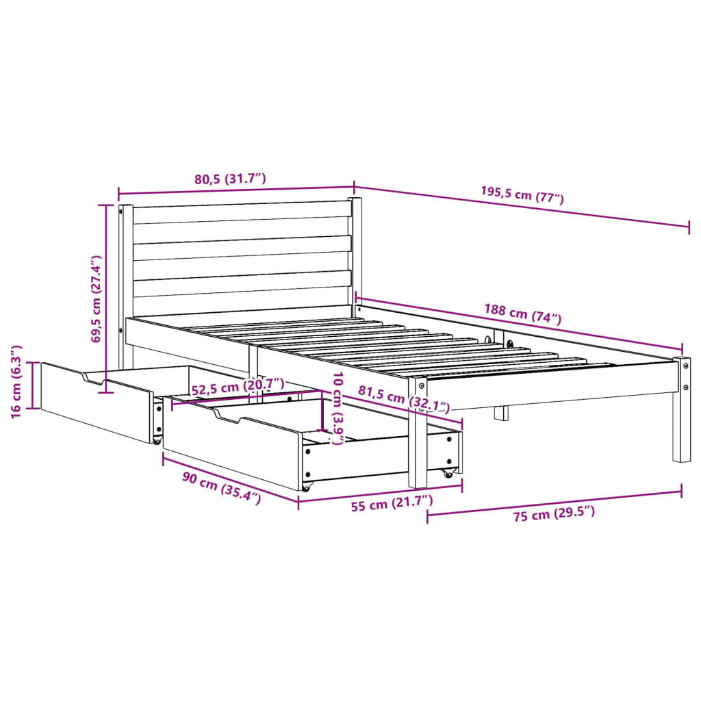 vidaXL sengeramme uden madras 75x190 cm massivt fyrretræ hvid