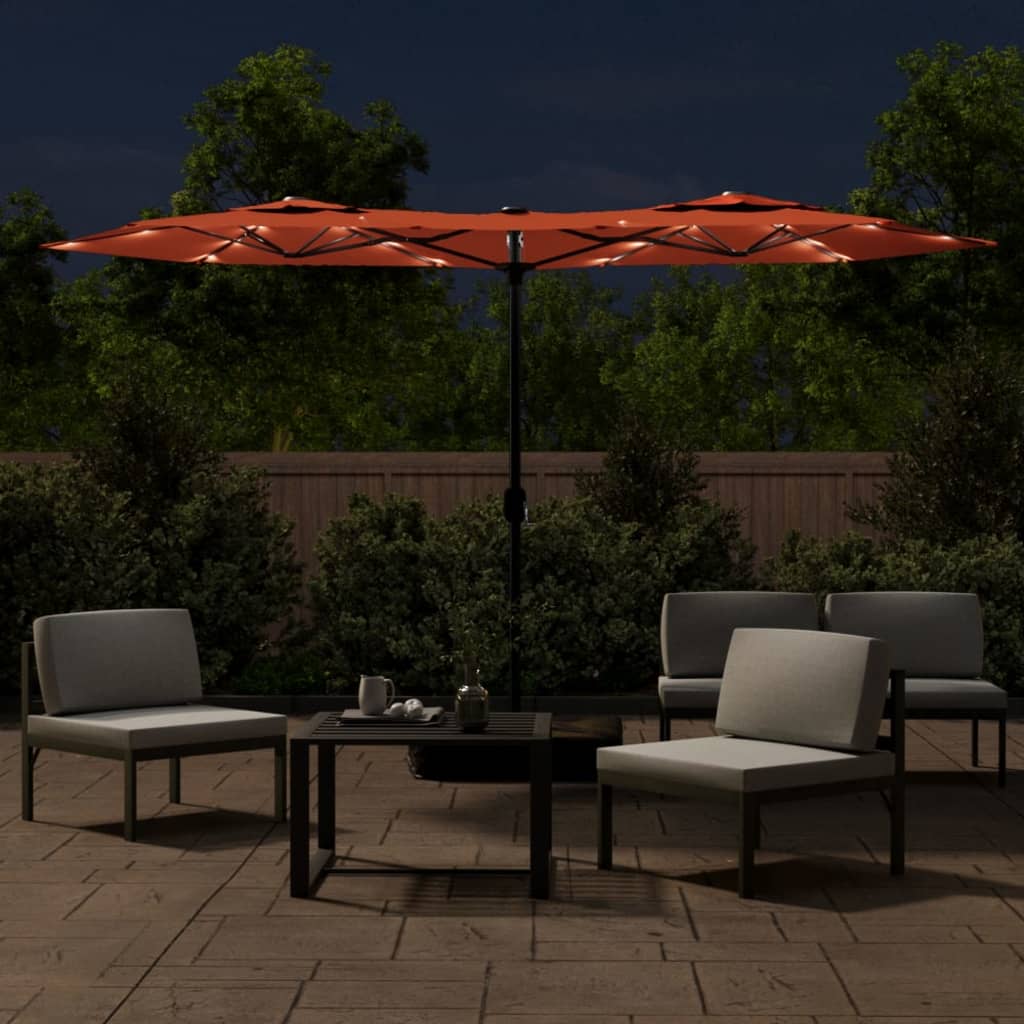 vidaXL parasol med dobbelt parasoldug og LED-lys 316x240 cm terrakotta