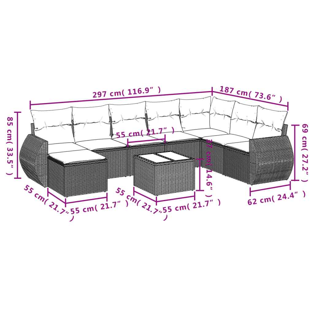 vidaXL sofasæt til haven 8 dele med hynder polyrattan grå