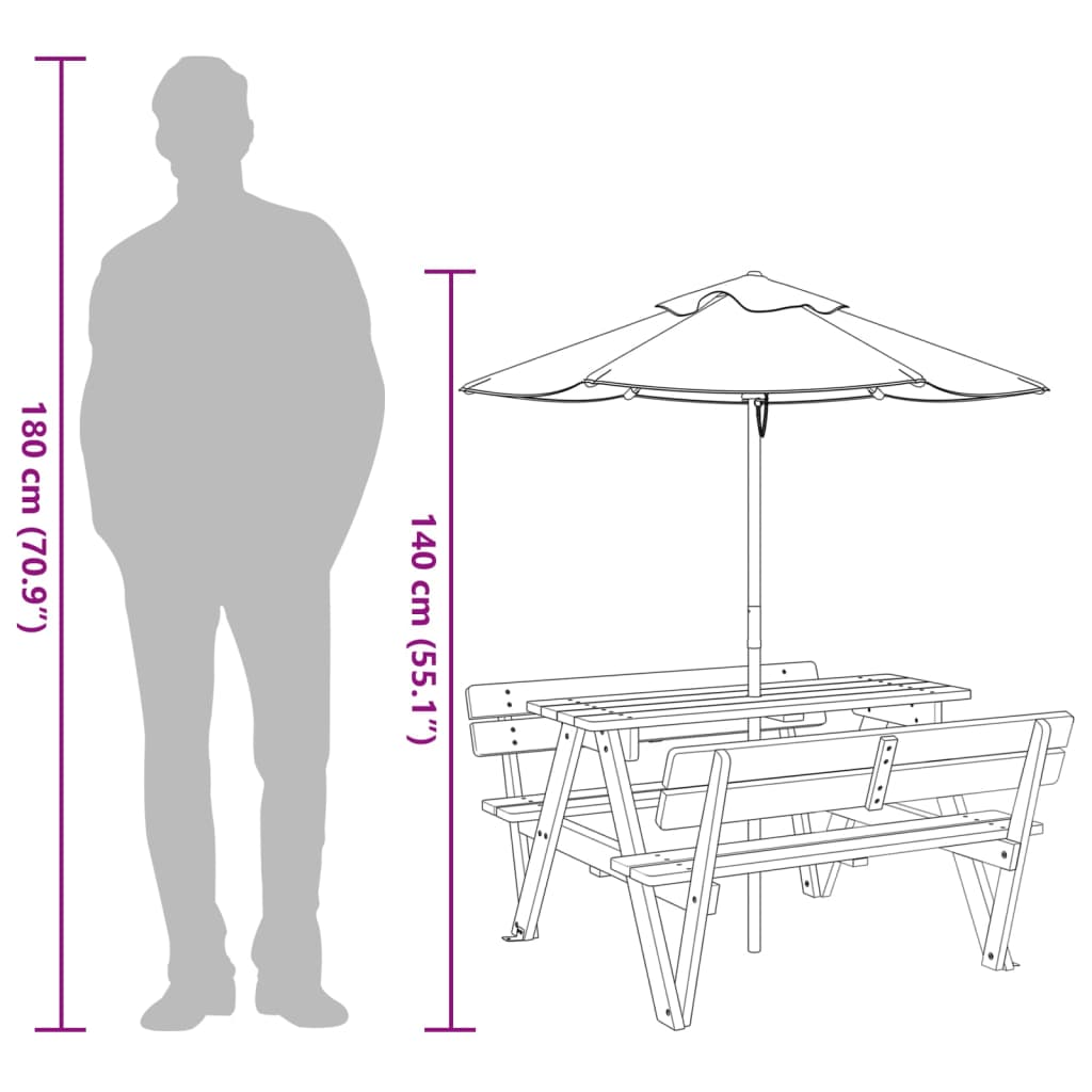 vidaXL picnicbord til 4 børn m. parasol massivt grantræ