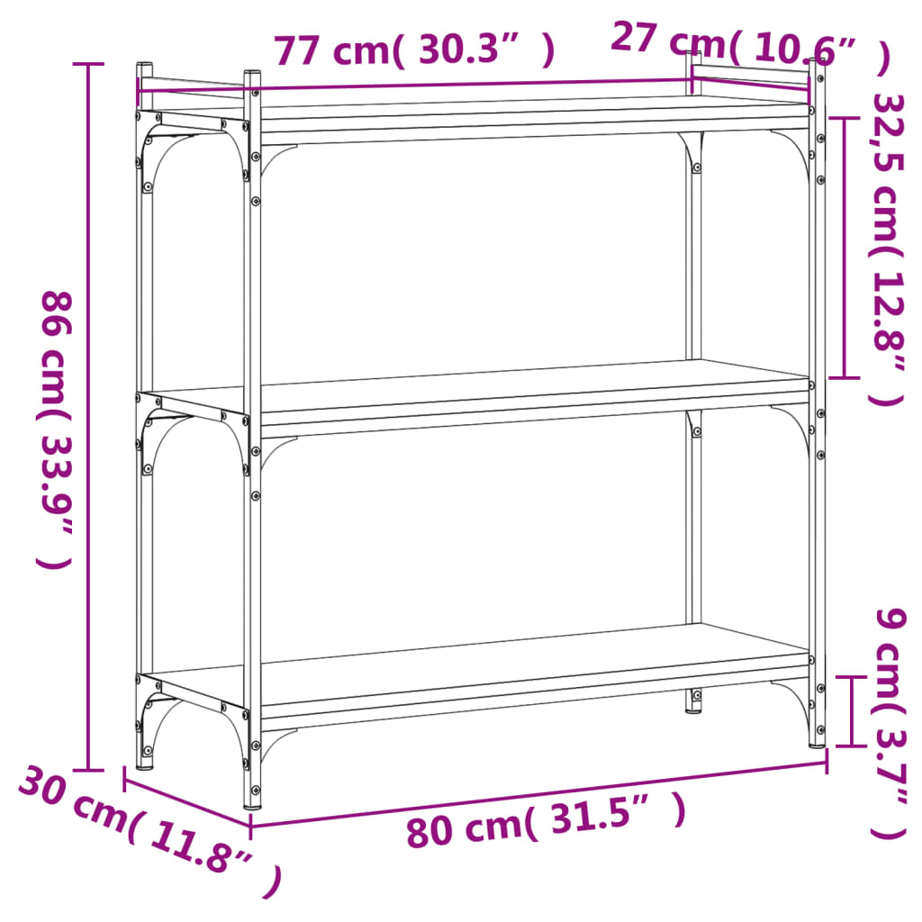 vidaXL bogreol 3 hylder 80x30x86 cm konstrueret træ grå sonoma-eg