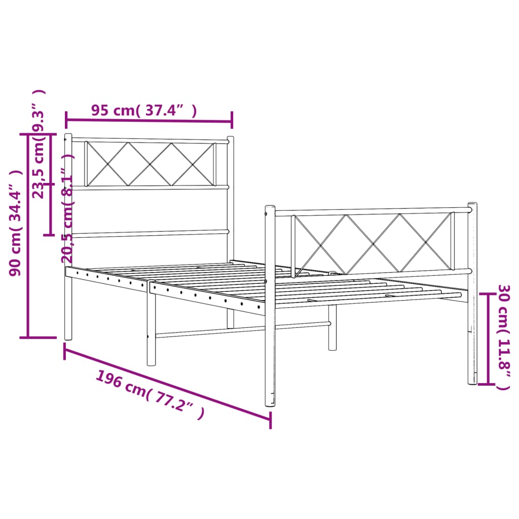 vidaXL sengeramme med sengegavl og fodgærde 90x190 cm metal hvid