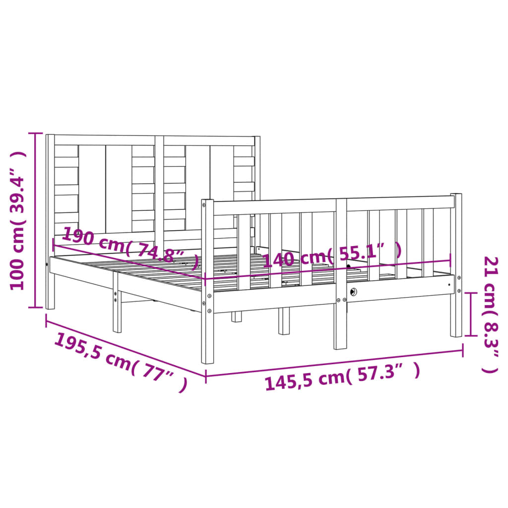 vidaXL sengeramme med sengegavl 140x190 cm massivt træ sort