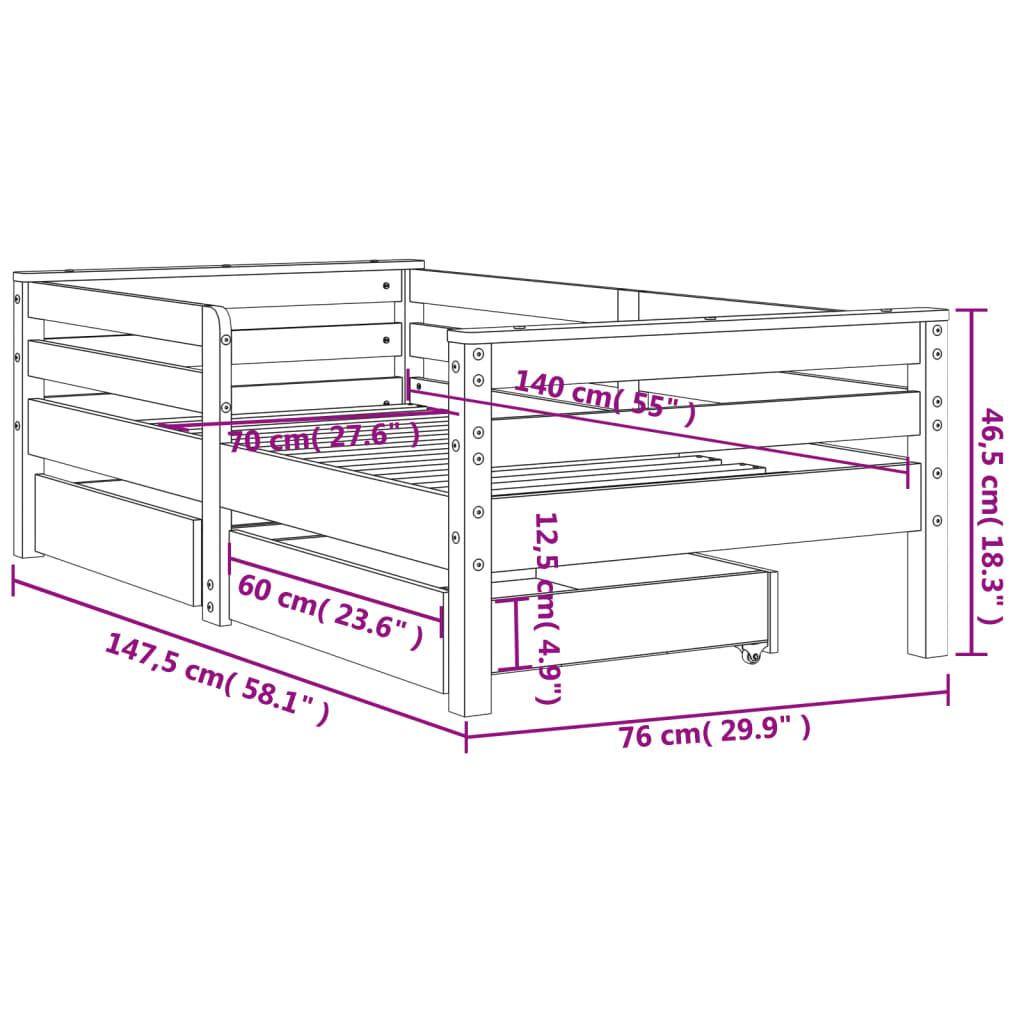 vidaXL sengeramme til juniorseng m. skuffer 70x140 cm massivt fyr