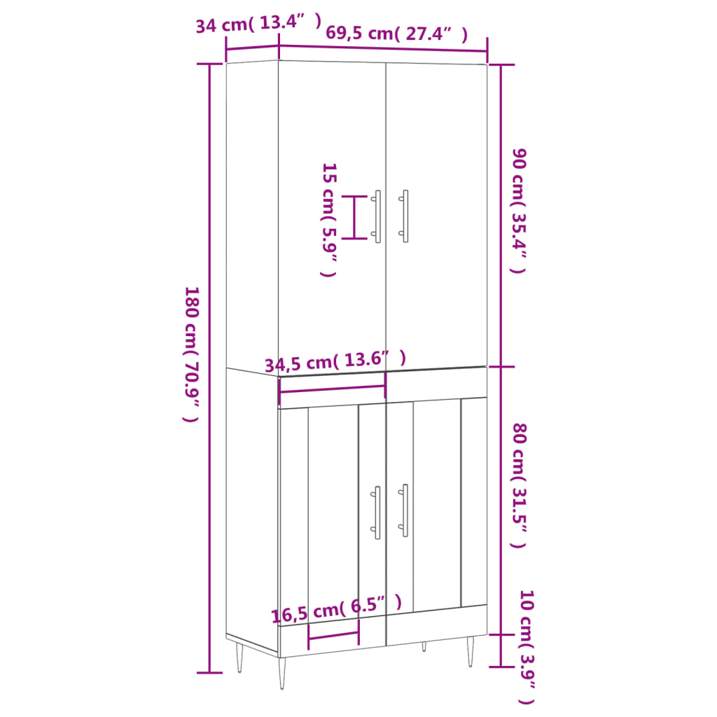 vidaXL højskab 69,5x34x180 cm konstrueret træ grå sonoma-eg