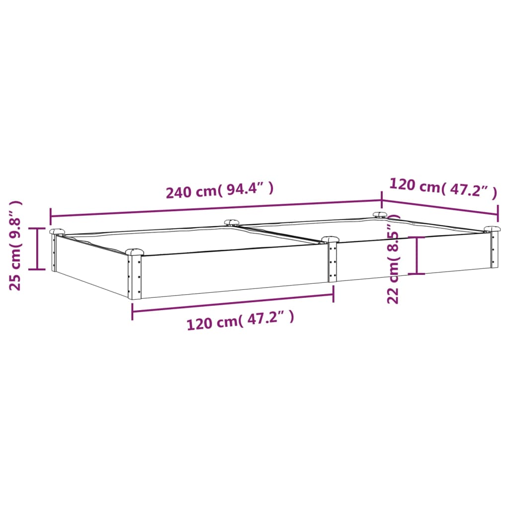 vidaXL plantekasse med foring 240x120x25 cm massivt fyrretræ brun