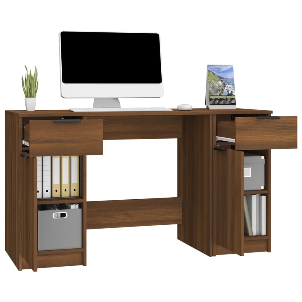 vidaXL skrivebord med sideskab konstrueret træ brun egetræsfarve