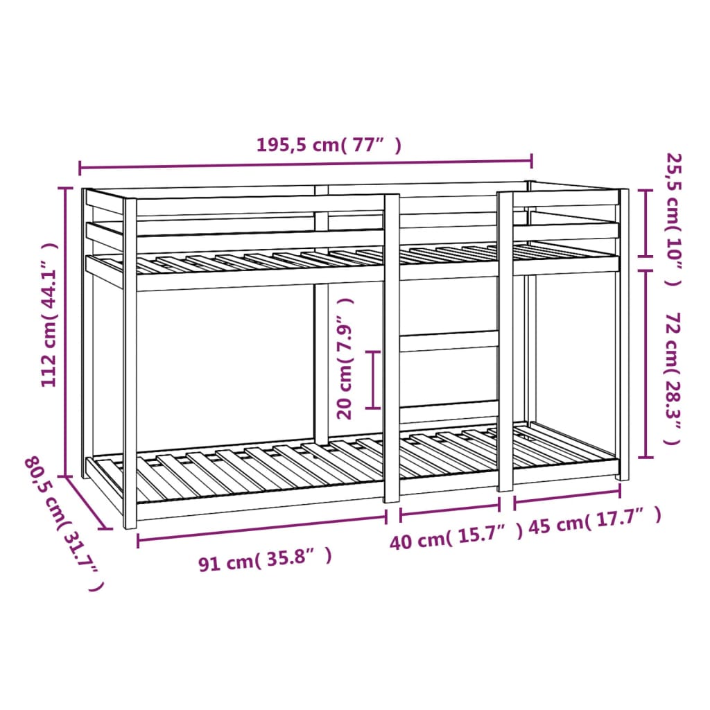 vidaXL køjeseng 75x190 cm massivt fyrretræ sort