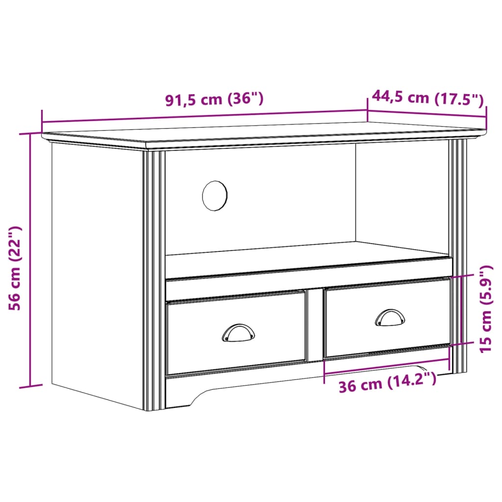 vidaXL tv-bord med 2 skuffer BODO 91,5x44,5x56cm massivt fyrretræ brun
