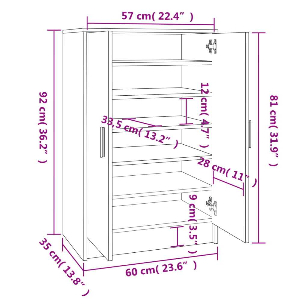 vidaXL skoskab 60x35x92 cm konstrueret træ brun egetræsfarve