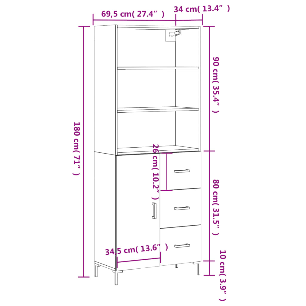 vidaXL højskab 69,5x34x180 cm konstrueret træ betongrå