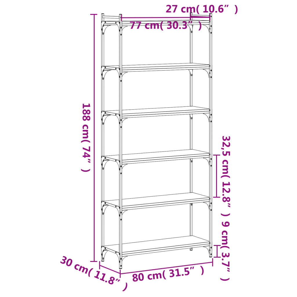 vidaXL bogreol med 6 hylder 80x30x188 cm konstrueret træ sort