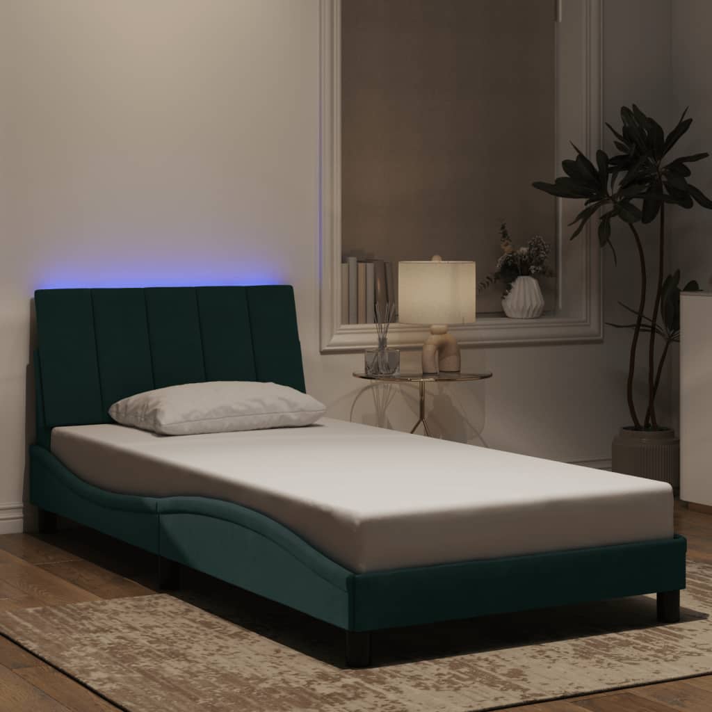 vidaXL sengeramme med LED-lys 100x200 cm velour mørkegrøn