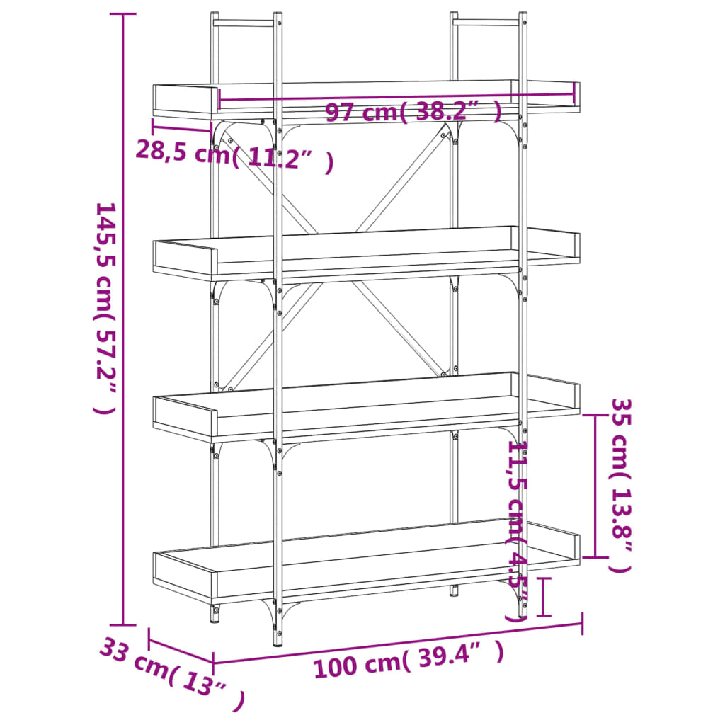 vidaXL bogreol med 4 hylder 100x33x108,5 cm konstrueret træ sort