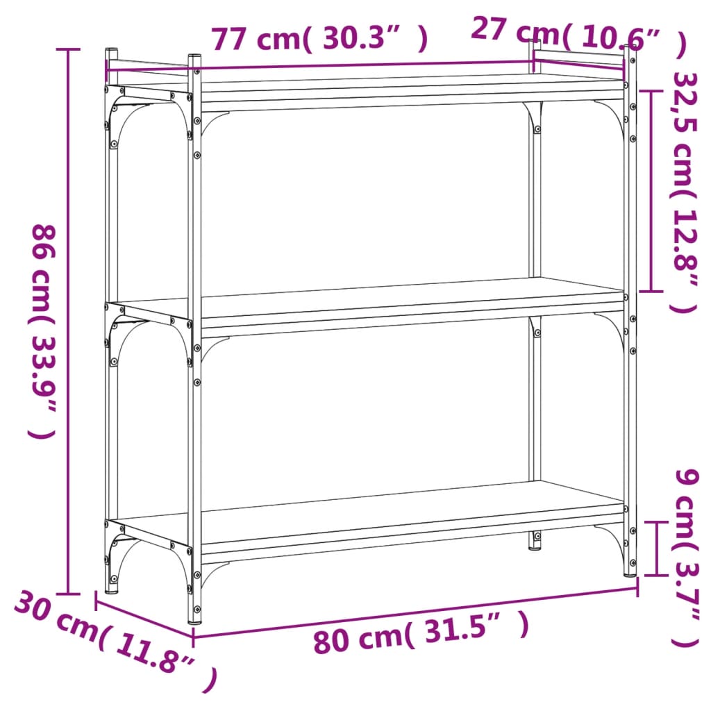 vidaXL bogreol 3 hylder 80x30x86 cm konstrueret træ røget eg