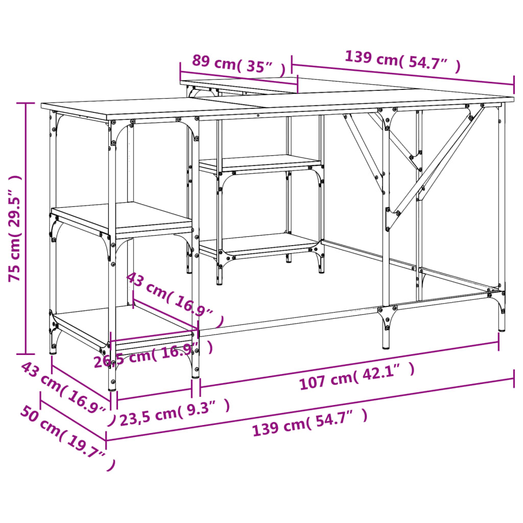 vidaXL skrivebord 139x139x75 cm konstrueret træ røget egetræsfarve