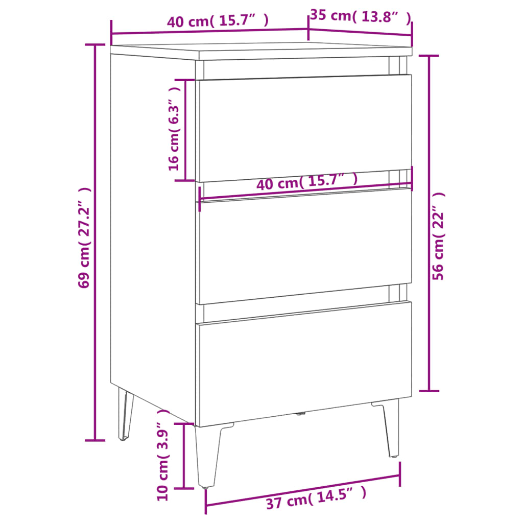 vidaXL sengeskabe m. metalben 2 stk. 40x35x69 cm sort