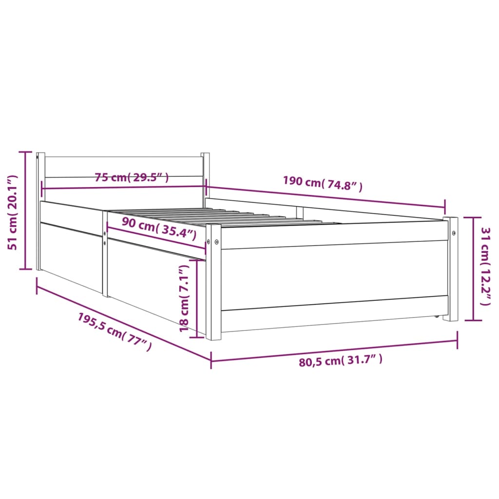 vidaXL sengeramme med skuffer 75x190 cm Small Single hvid