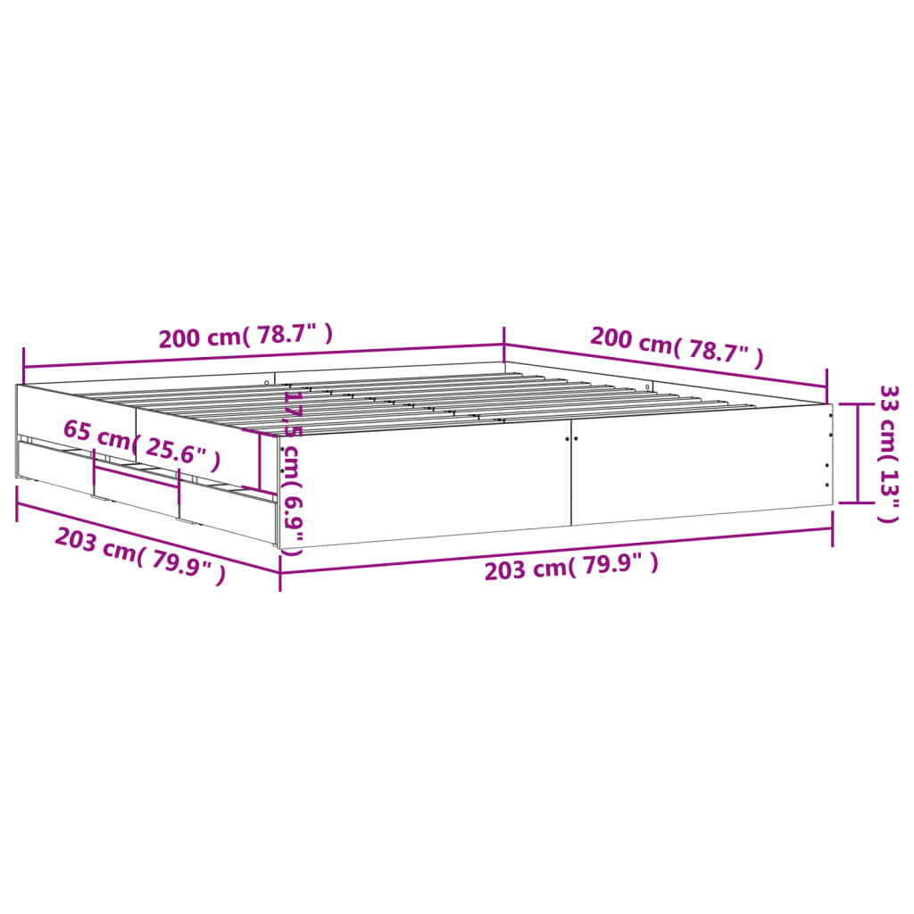 vidaXL sengeramme med skuffer 200x200 cm konstrueret træ betongrå