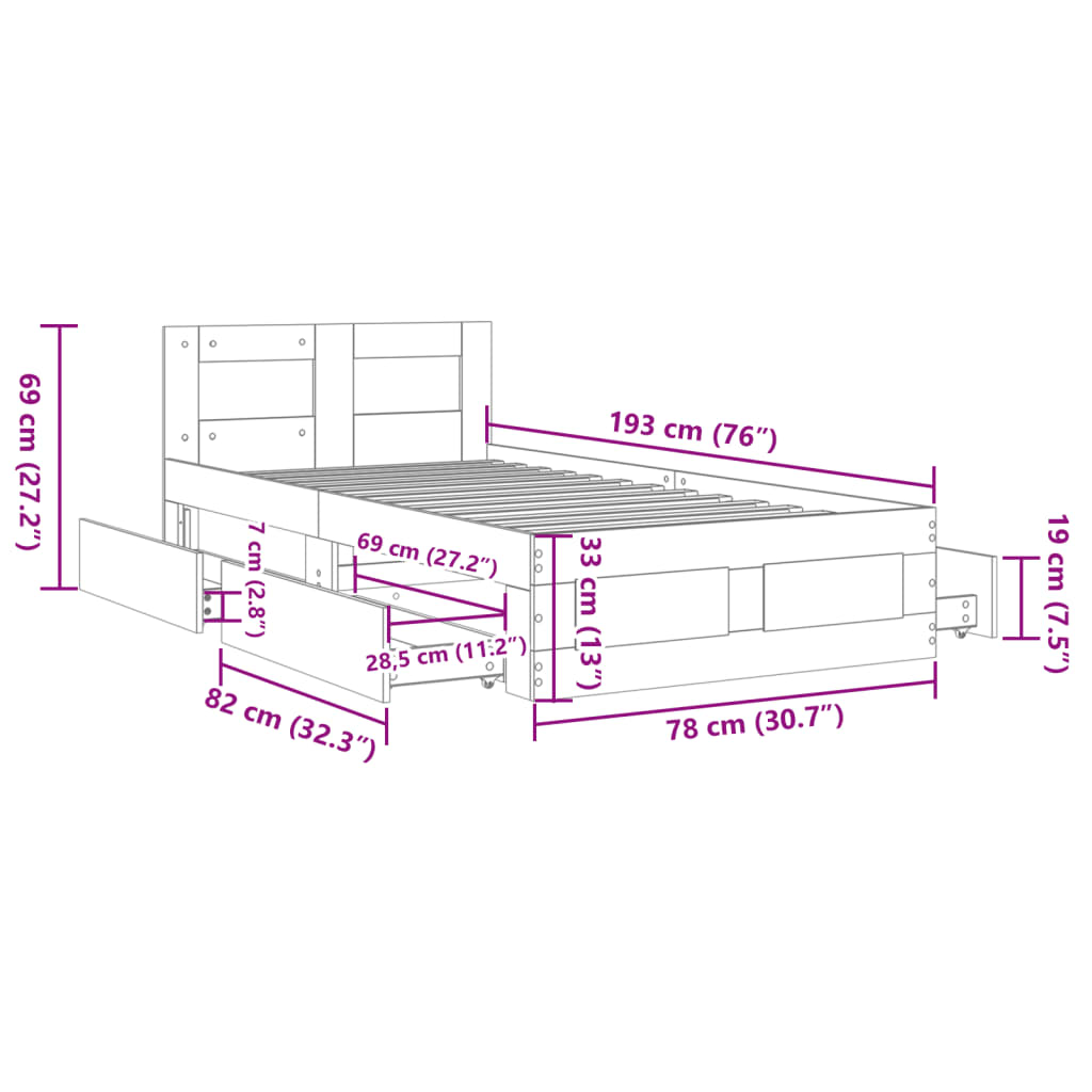 vidaXL sengeramme med sengegavl 75x190 cm konstrueret træ sort