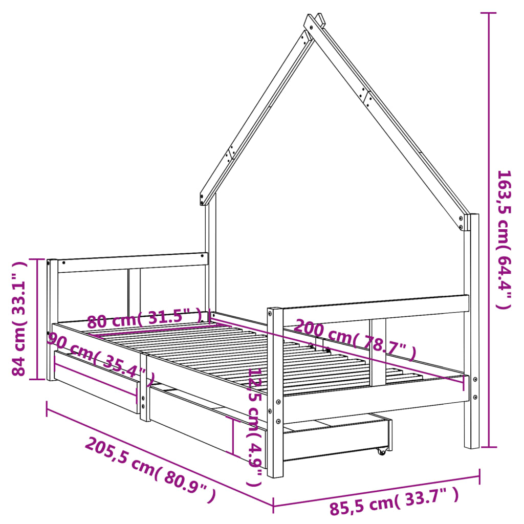 vidaXL sengeramme til juniorseng m. skuffer 80x200 cm massivt fyr sort