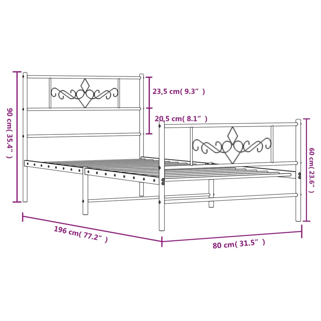 vidaXL sengeramme med sengegavl og fodgærde 75x190 cm metal hvid