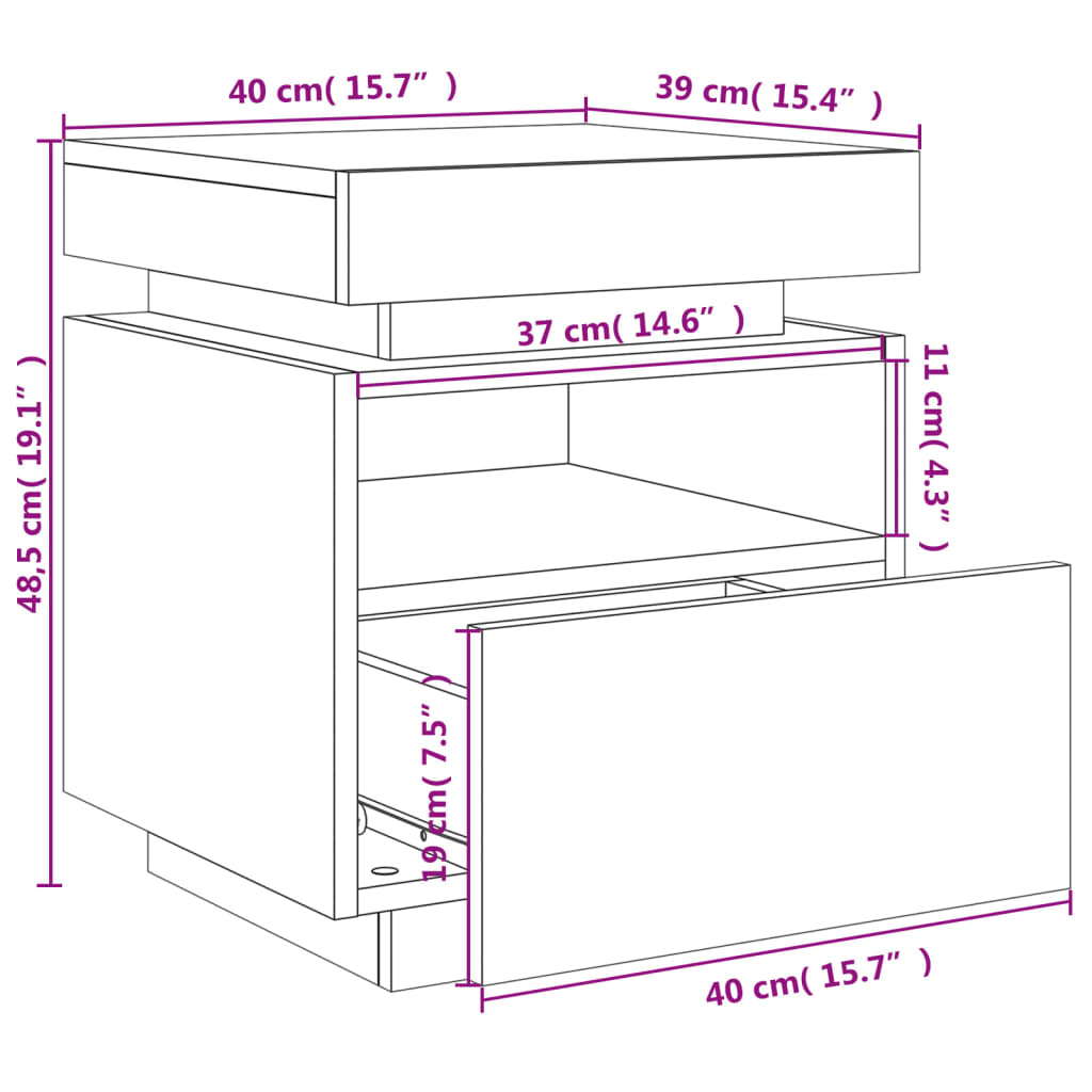 vidaXL sengebord med LED-lys 40x39x48,5 cm røget egetræsfarve