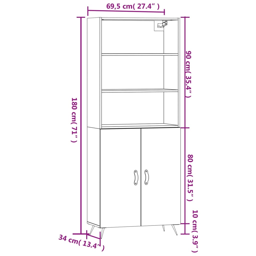 vidaXL højskab 69,5x34x180 cm konstrueret træ betongrå