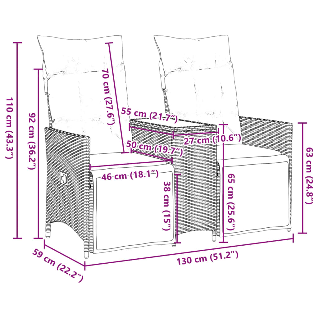 vidaXL 2-personers havesofa med bord og lænefunktion polyrattan beige