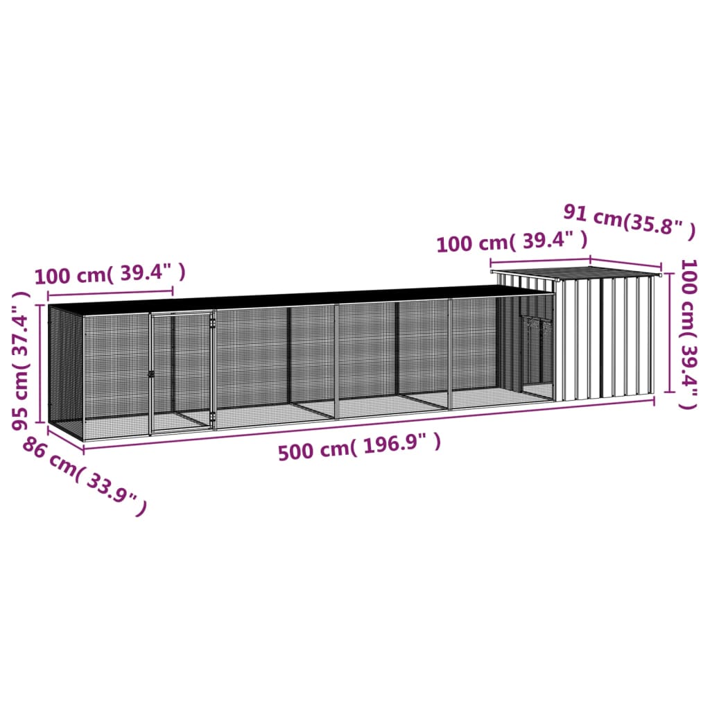 vidaXL hønsehus 500x91x100 cm galvaniseret stål grå