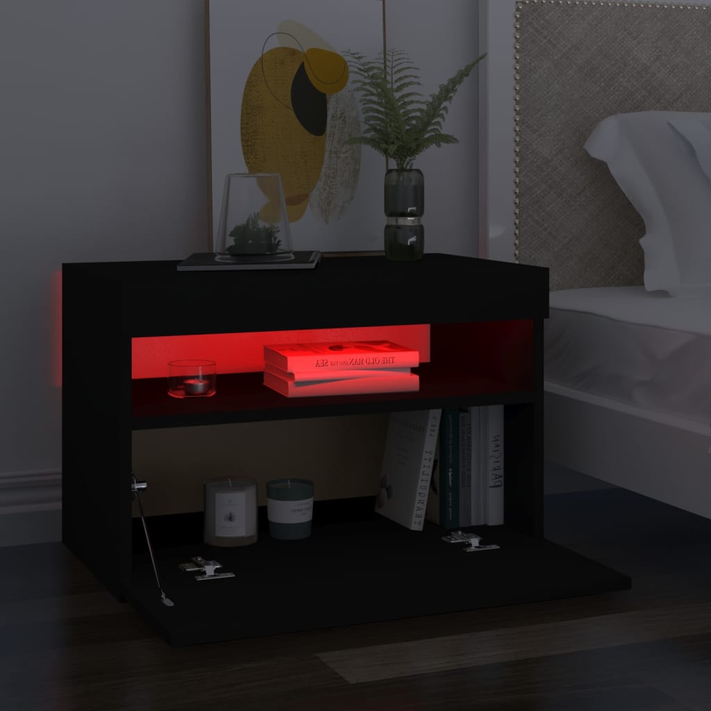 vidaXL sengebord med LED-lys 2 stk. 60x35x40 cm konstrueret træ sort