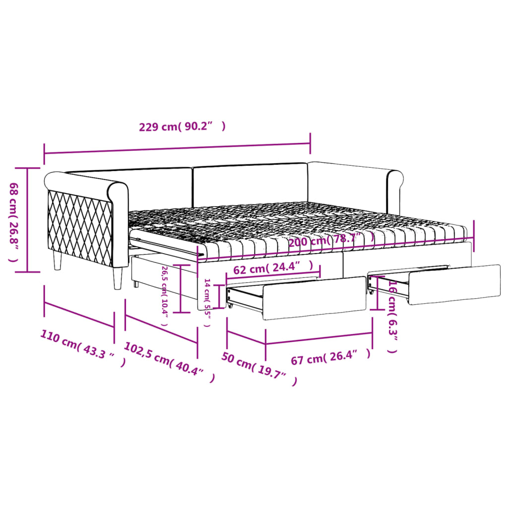 vidaXL daybed med udtræk og skuffer 100x200 cm velour lysegrå