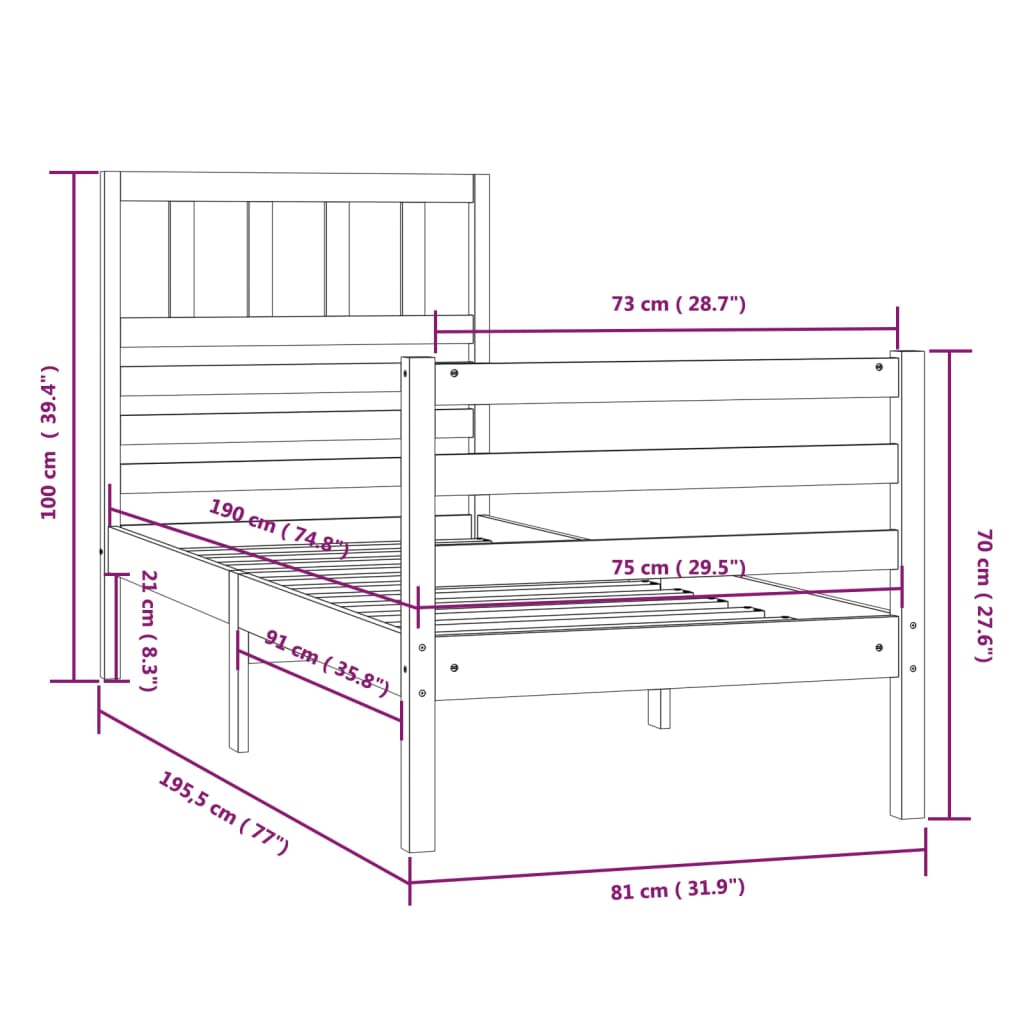 vidaXL sengeramme 75x190 cm Small Single massivt træ