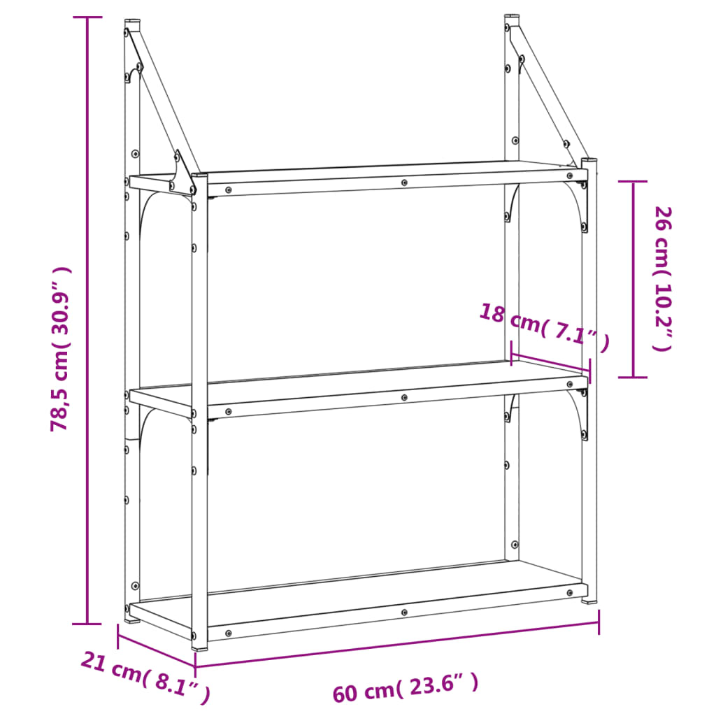 vidaXL vægreol med 3 hylder 60x21x78,5 cm konstrueret træ brun eg