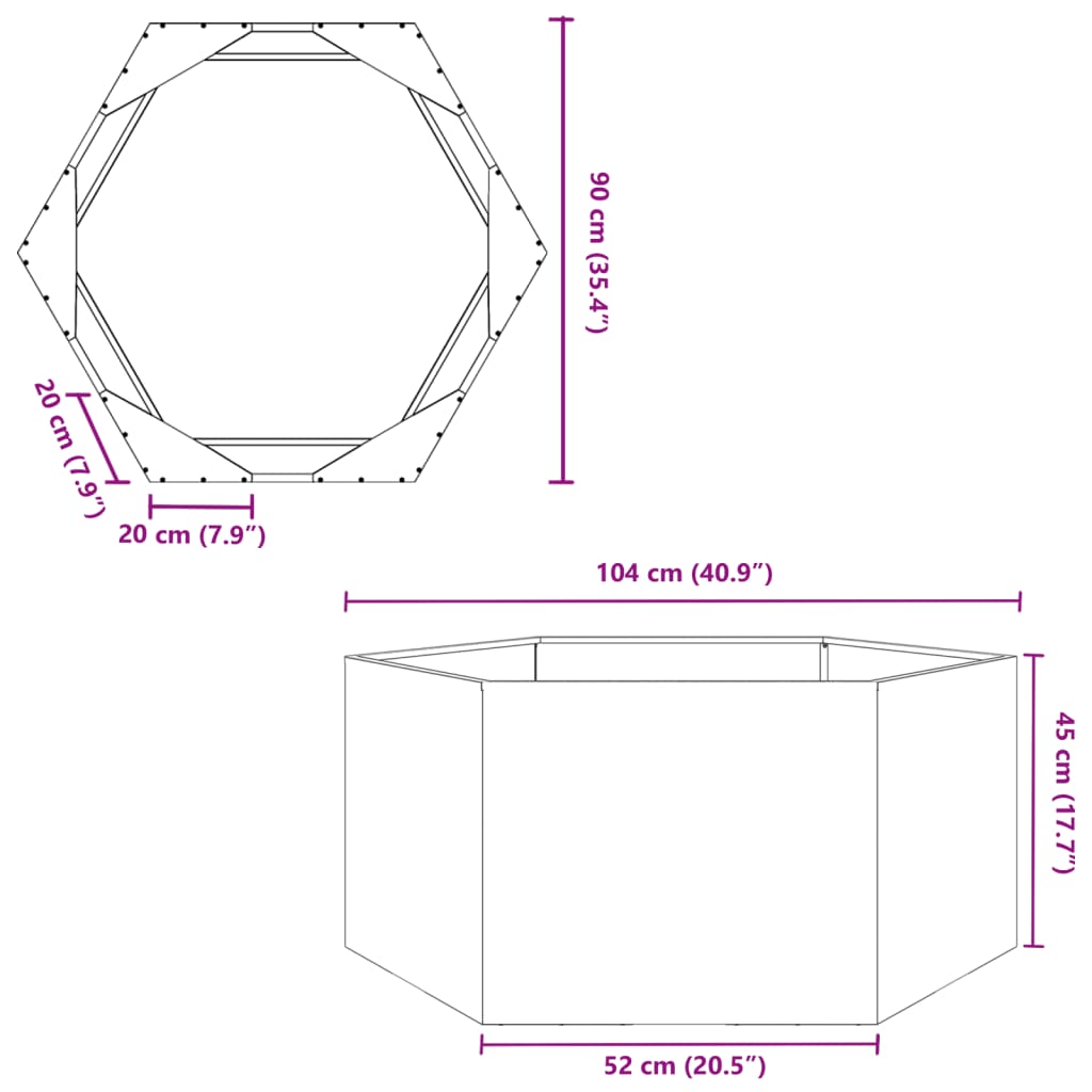 vidaXL plantekrukke 104x90x45 cm sekskantet rustfrit stål