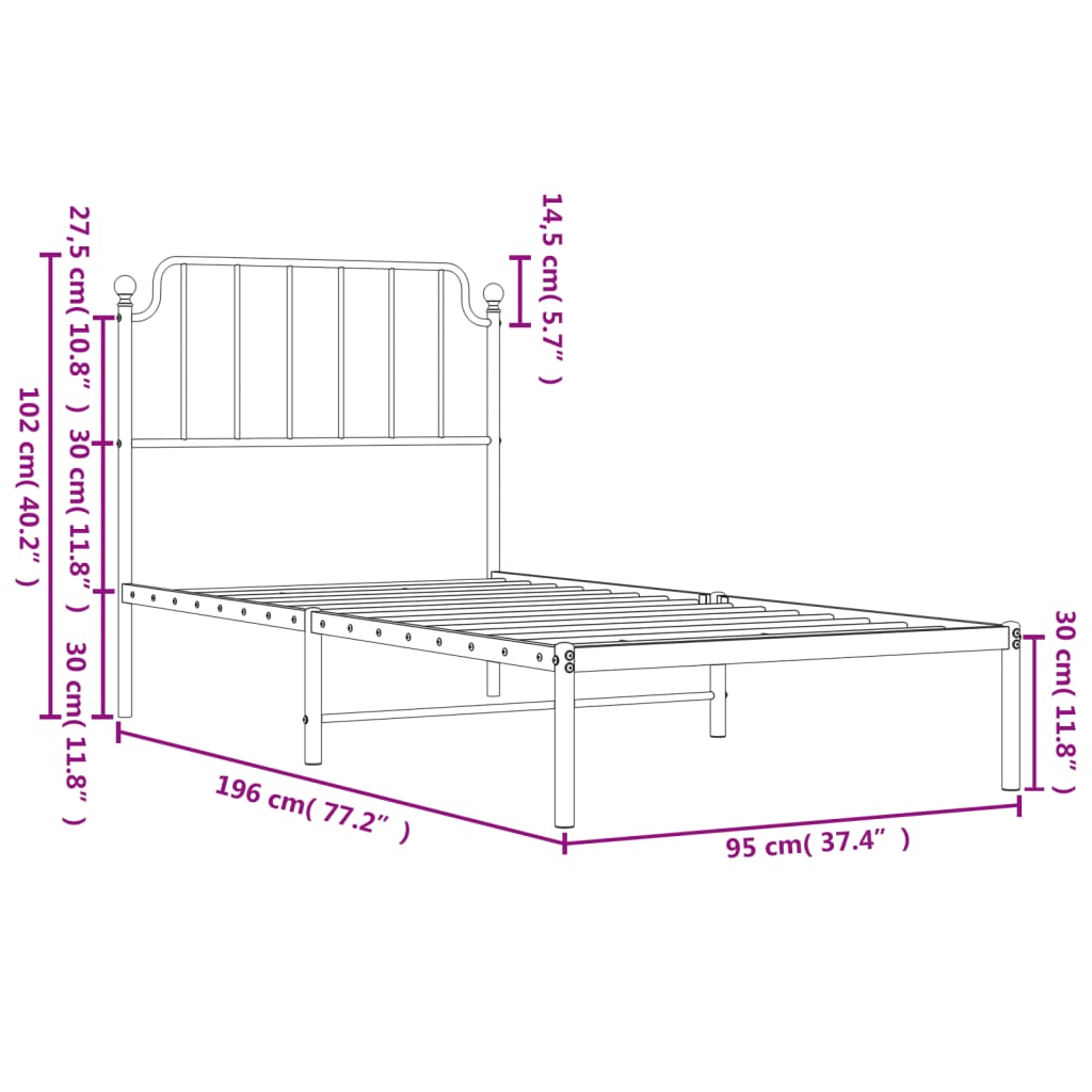 vidaXL sengeramme med sengegavl 90x190 cm metal hvid