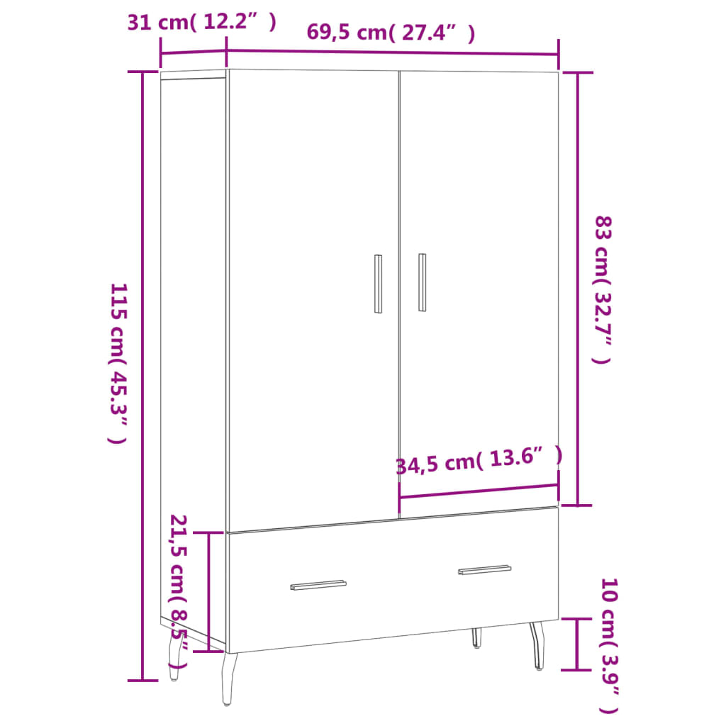 vidaXL skab 69,5x31x115 cm konstrueret træ hvid