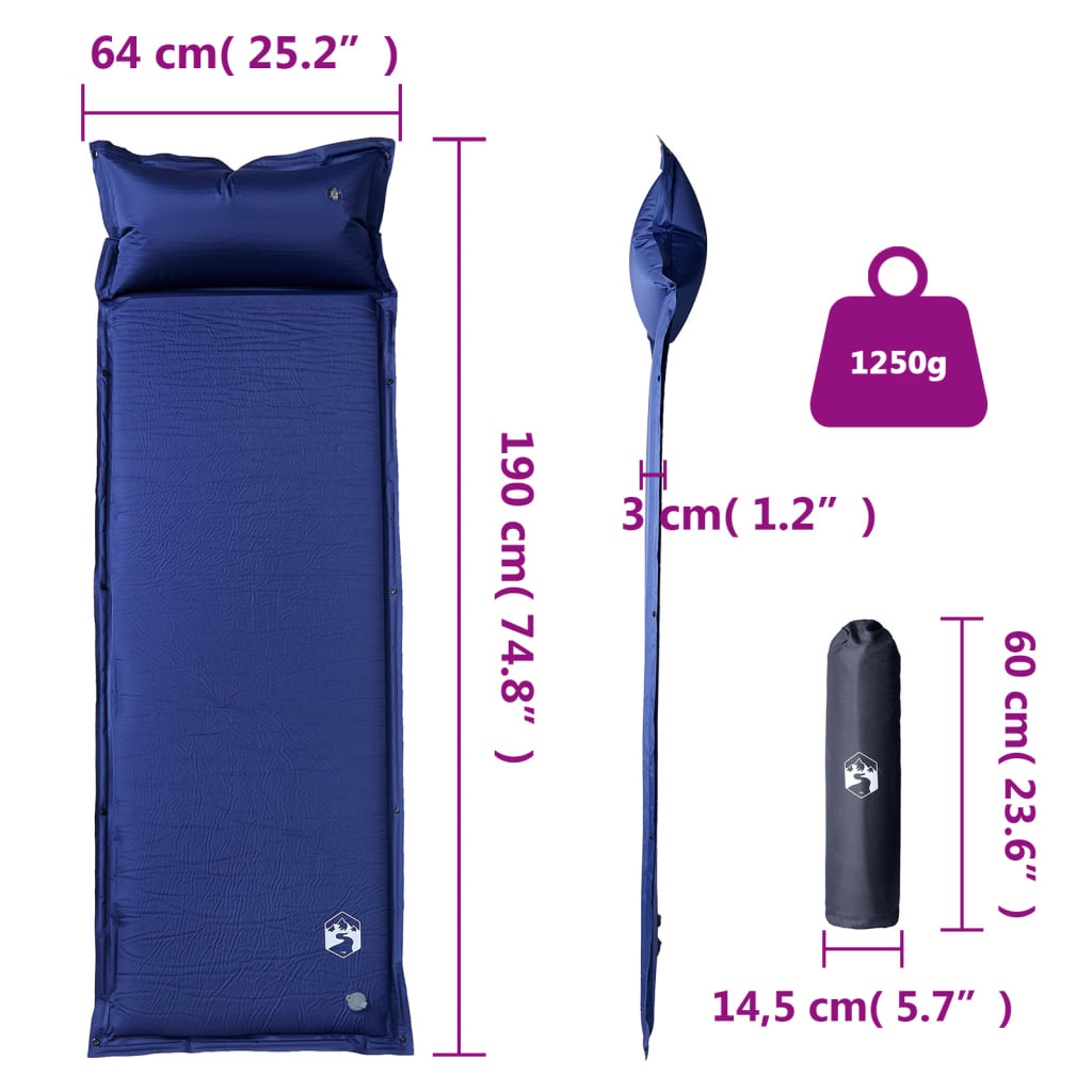 vidaXL 1-personers campingmadras med pude selvoppustelig marineblå