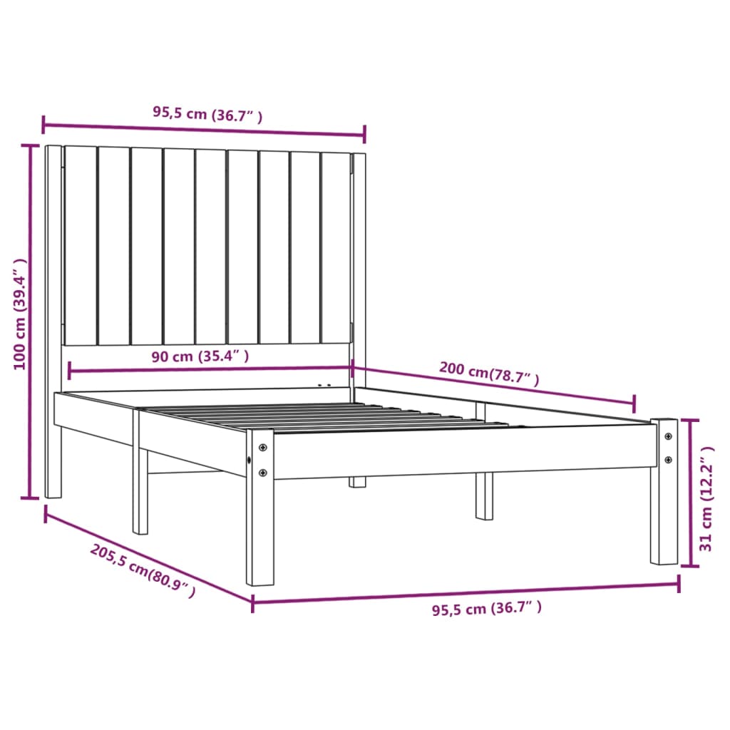 vidaXL sengeramme 90x200 cm massivt fyrretræ grå