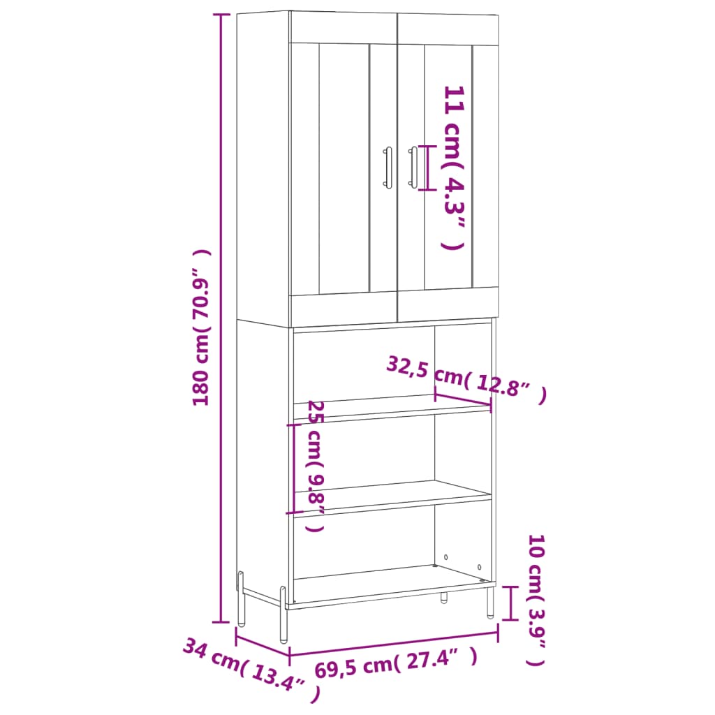 vidaXL højskab 69,5x34x180 cm konstrueret træ betongrå