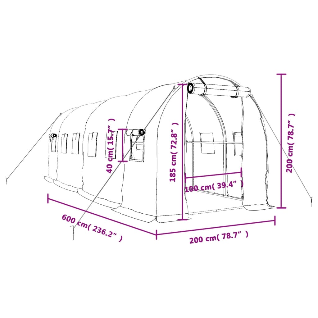 vidaXL drivhus med stålstel 12 m² 6x2x2 m hvid