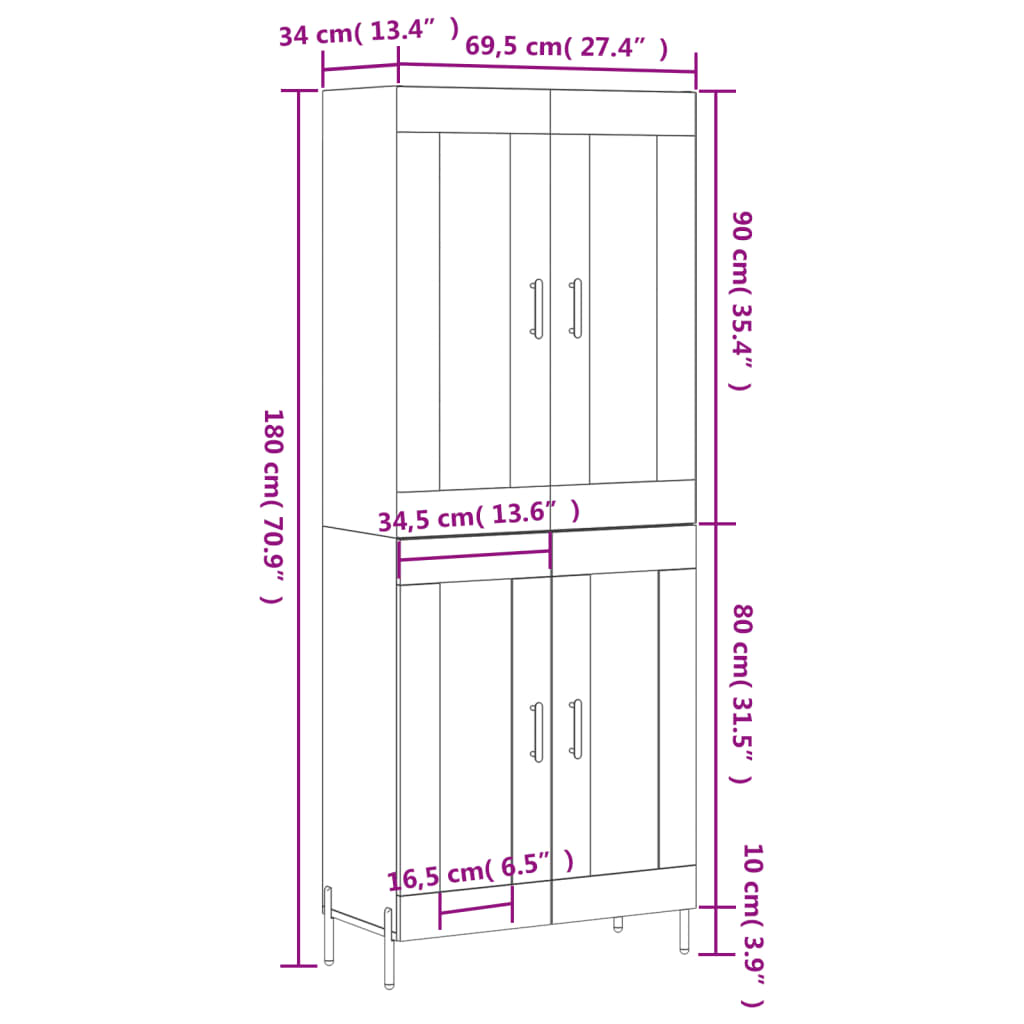 vidaXL højskab 69,5x34x180 cm konstrueret træ betongrå